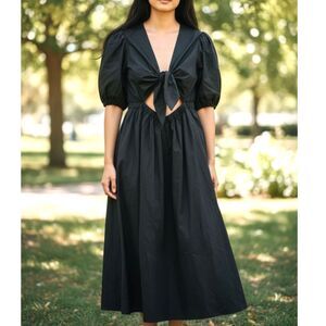 The Drop Prisha Black Cut‑Out Midi Dress Mod Goth Artsy Puff Sleeves Cotton NWT